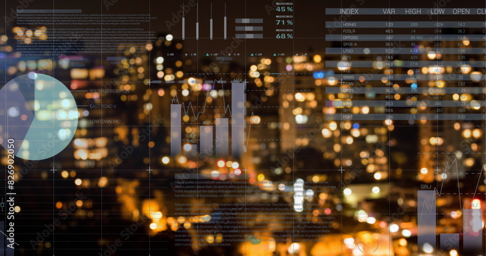 Image of infographic interface over blurred illuminated modern city against sky Image of infographic interface over blurred illuminated modern city against sky