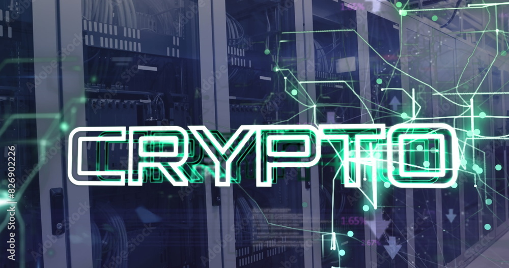 Image of crypto text with connected arrows and computer language over data server racks Image of crypto text with connected arrows and computer language over data server racks