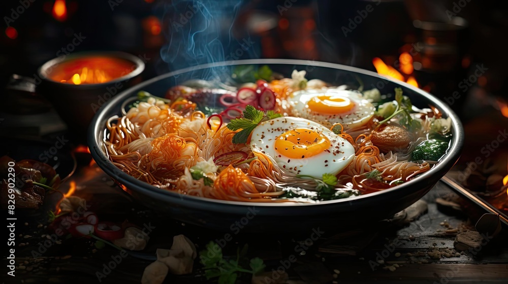 Delicious ramen noodles with egg topping on top, blur background