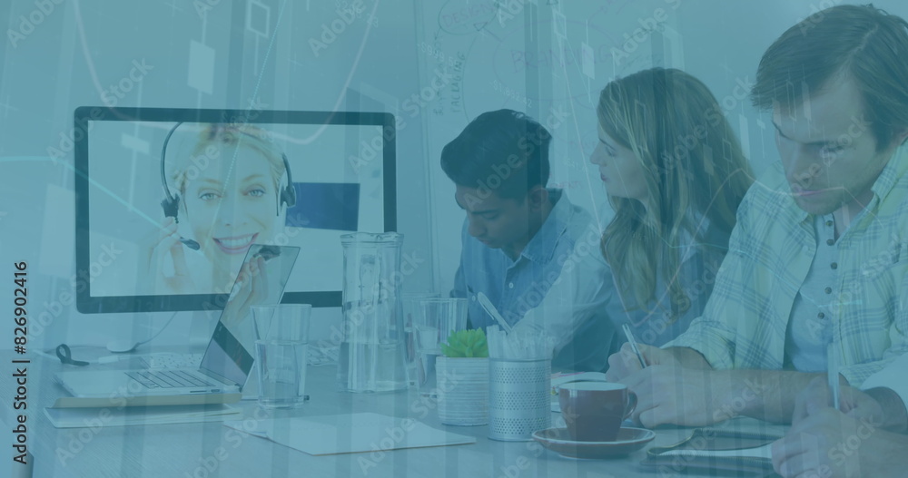 Image of data processing over diverse colleagues having a image conference in meeting room Image of data processing over diverse colleagues having a image conference in meeting room