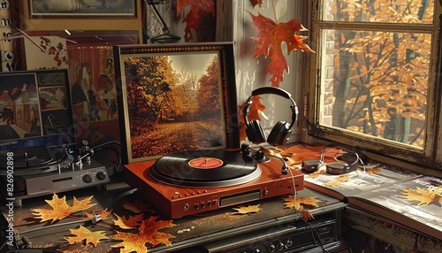 A pair of headphones, a vintage record player, and a vinyl record with a warm, fallthemed album cover photo