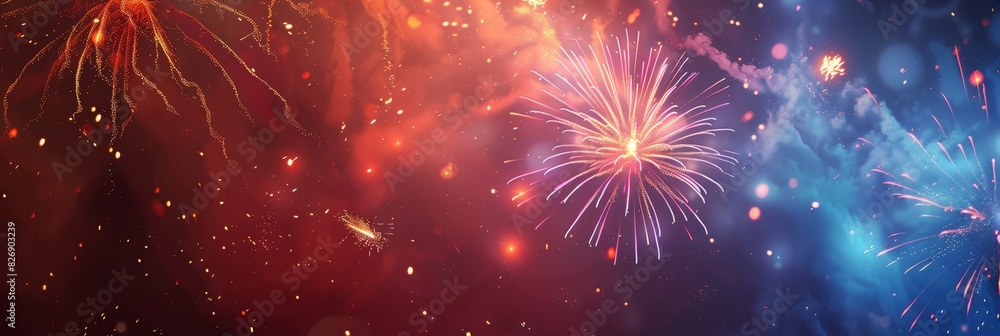 Fototapeta premium Colorful fireworks display against night sky - A dazzling display of fireworks in red and blue hues, symbolizing celebration and festive events