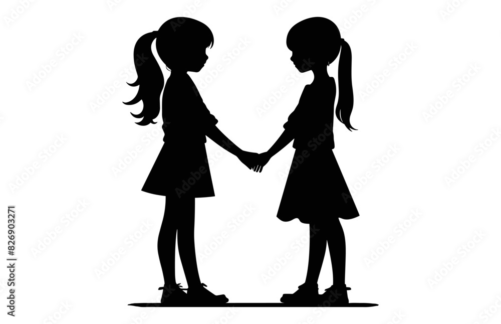 Little Girls Friendship black Silhouette Vector art, Female Friends Silhouette Clipart