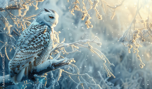 A snowy owl perched on an icy branch  with the backdrop of a blue sky and white snowflakes. 