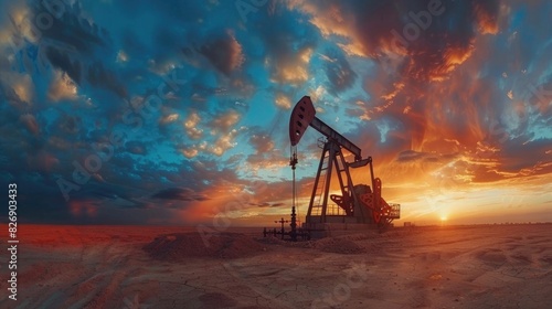 Oil pump in the desert at sunset with a dramatic sky. Oil and gas industry concept. High resolution photo, high detail, hyper realistic style. photo