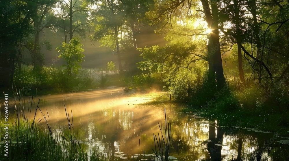 Obraz premium forest with a lake wallpaper. landscape lake forest with fog wallpaper. landscape forest with lake and fog. landscape with a lake and mountains. landscape of mountain lake and forest.