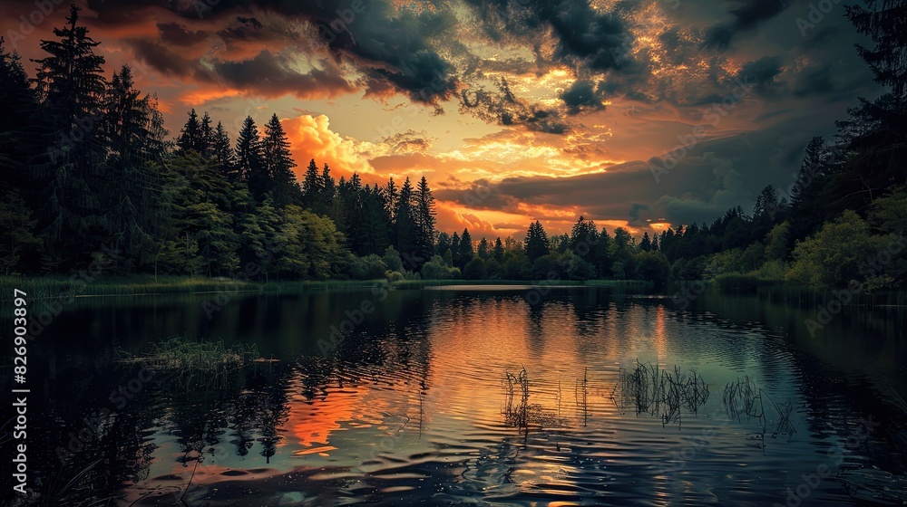 Fototapeta premium forest with a lake wallpaper. landscape lake forest with fog wallpaper. landscape forest with lake and fog. landscape with a lake and mountains. landscape of mountain lake and forest.