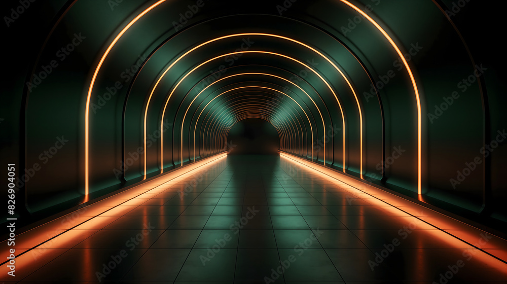 Tunnel Light: A futuristic urban subway station corridor with glass walls, offering a perspective view of the city's underground transportation hub