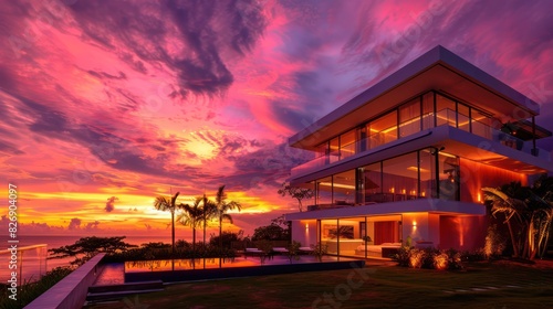 Resort villa hotel house modern three storey building large glass windows with swimming pool at beautiful twilight time. photo