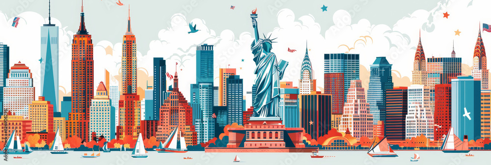 Colorful New York City skyline illustration - A vibrant and stylized ...