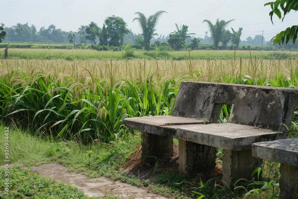 The seats on the edge of the rice fields are made of concrete against the backdrop of corn crops - generative ai