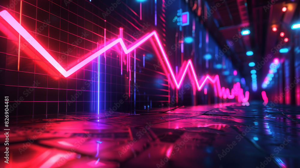 Neon graph with an upward trend in a futuristic financial growth, vibrant colors reflecting on the ground Neon graph with an upward trend in a futuristic financial growth, vibrant colors reflecting on the ground