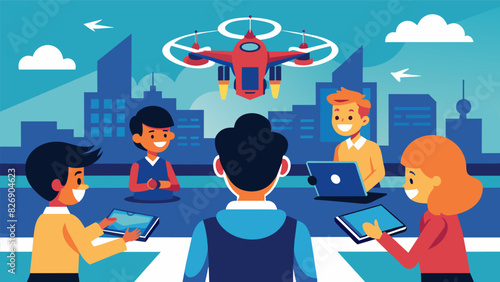 Attendees of all ages marvel at a group of middle schoolers impressive drone racing course they created using advanced coding and circuitry skills.. Vector illustration