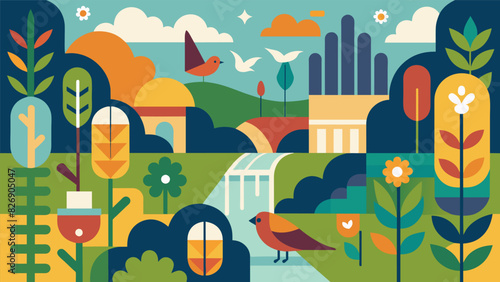 An intricate mosaic showcasing the intertwining sounds of chirping birds rustling leaves and gentle streams in a natural park soundscape.. Vector illustration