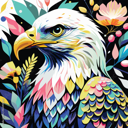 Colorful Abstract Eagle Portrait Surrounded by Floral Motifs photo