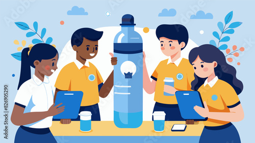 A school club creating a smart water bottle with a builtin filter and tracking system to reduce singleuse plastic bottle consumption.. Vector illustration