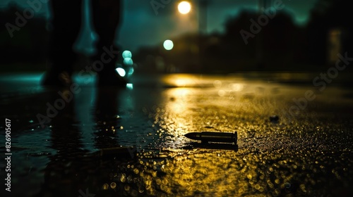 Wet Street and Bullets Under City Lights 