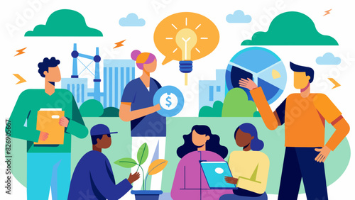 Attendees take turns sharing success stories and challenges in implementing energy conservation practices within their respective industries.. Vector illustration photo