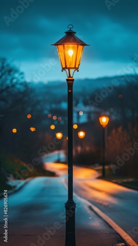 A streetlight at night in focus with a dark evening background blurred.