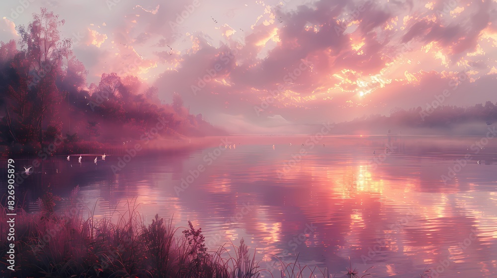 calm evening bylake, with the sky and water in soft fluffy hues of peach and lavender calm evening bylake, with the sky and water in soft fluffy hues of peach and lavender