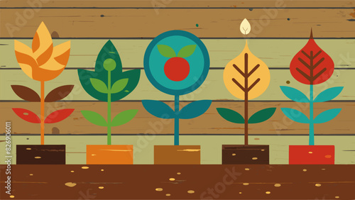 A series of paintings on reclaimed wood symbolizing the potential for growth and new beginnings in even the oldest and most worn out materials.. Vector illustration