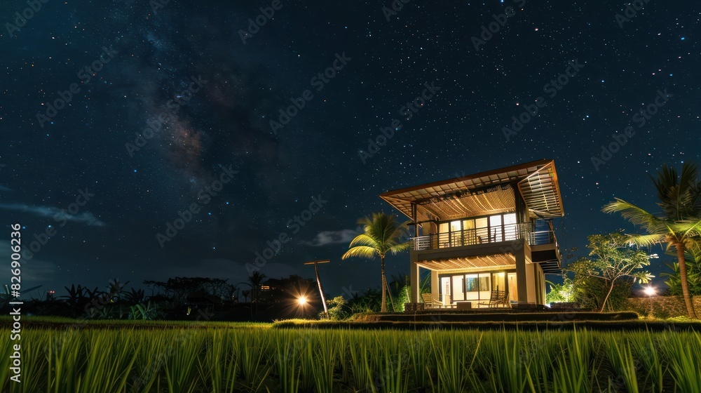 View of a modern two-story tropical house in the middle of a village cool rural green rice field in the evening time. View of a modern two-story tropical house in the middle of a village cool rural green rice field in the evening time.