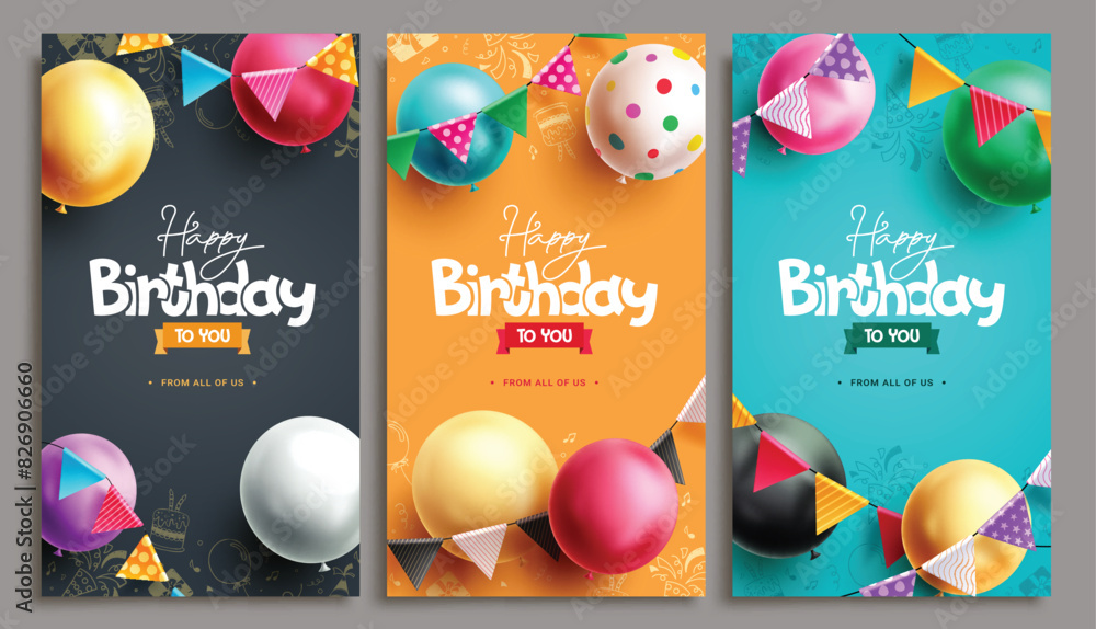 Happy birthday vector poster set design. Birthday greeting text with colorful balloons and pennants decoration elements for invitation card template collection. Vector illustration birthday greeting