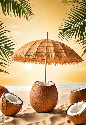 Tropical beach concept with coconut fruit and sun umbrella