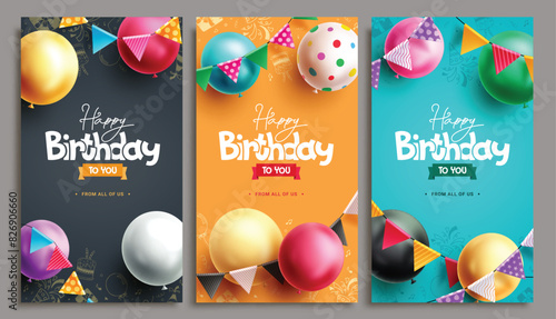 Happy birthday vector poster set design. Birthday greeting text with colorful balloons and pennants decoration elements for invitation card template collection. Vector illustration birthday greeting 