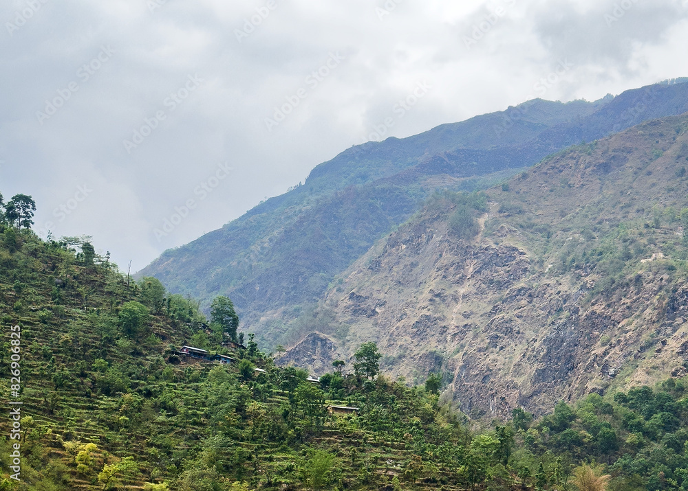 Hills and mountains with communities living high up on slopes, Bagmati, Nepal Hills and mountains with communities living high up on slopes, Bagmati, Nepal