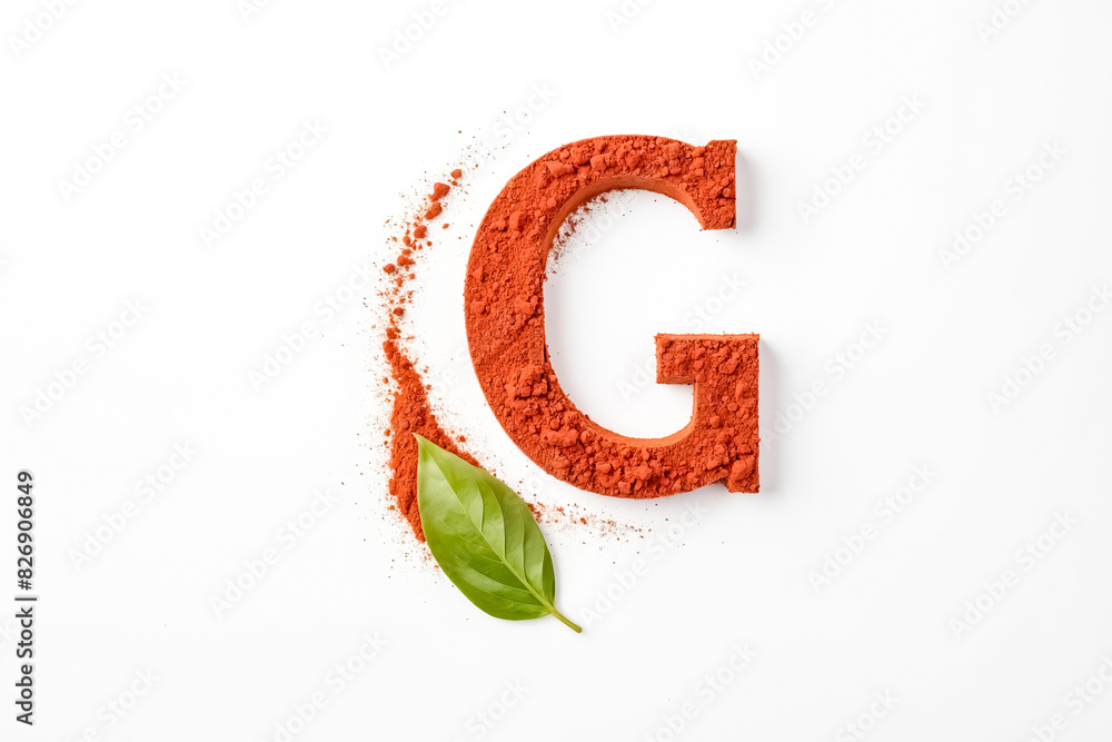 Fototapeta premium Letter G made of red powder with green leaf