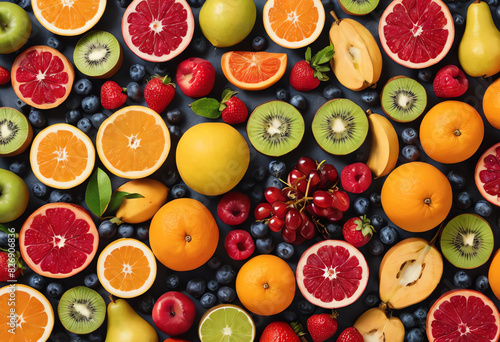 arranged mixed tropical fruits overhead view flat lay