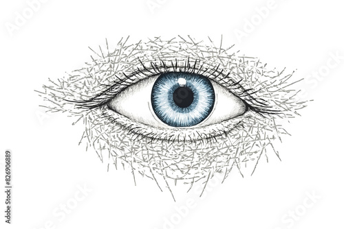 Abstract eye with blue iris and black pupil surrounded by gray lines