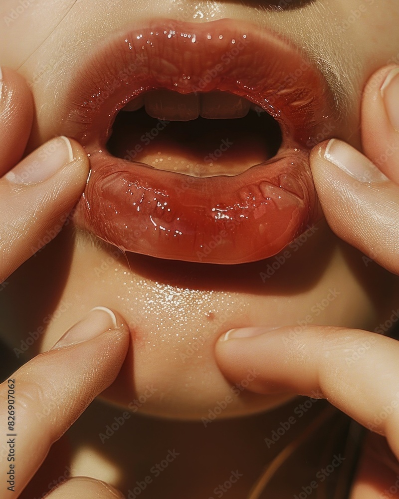 Obraz premium Beauty and elegance close up of woman's mouth with red stain on lips and hands on lips, fashion and makeup concept