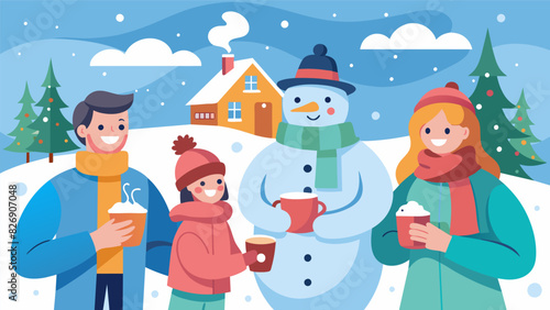 A watercolor rendering of a snowy winter day preserving the memories of building snowmen and drinking hot cocoa with loved ones.. Vector illustration
