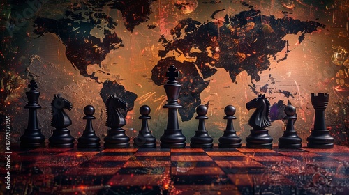 Fototapeta Naklejka Na Ścianę i Meble -  Chess pieces on global map background - Chess pieces arranged on a board with a backdrop of a world map illuminated in dramatic lighting