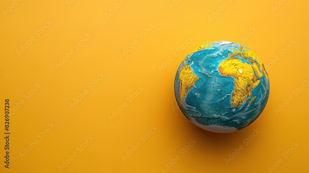 A spherical model of Earth prominently displayed on a solid yellow background. A spherical model of Earth prominently displayed on a solid yellow background.