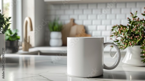 White mug on kitchen counter with plant - Clear white mug on shiny counter creates a minimalistic and clean kitchen aesthetic photo