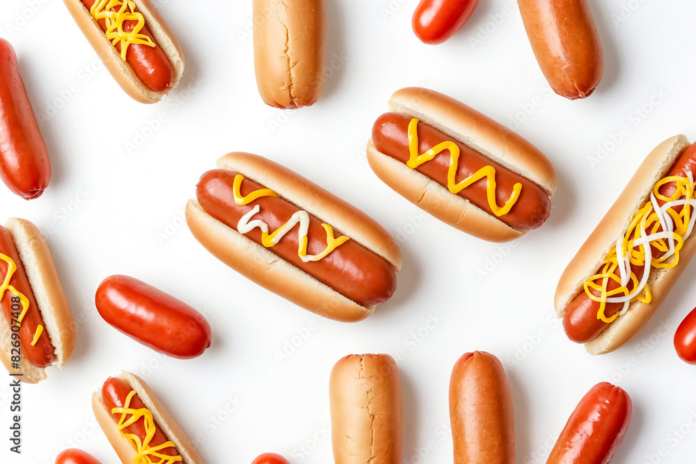 Hot dogs with mustard and ketchup on white background Hot dogs with mustard and ketchup on white background