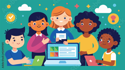 A group of children creating a digital newsletter to showcase the achievements of their schools art club.. Vector illustration