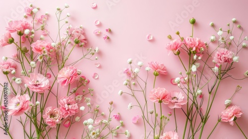 Delicate Bouquet of Pink Flowers, Artistic Flower Arrangement on Light Pink Background