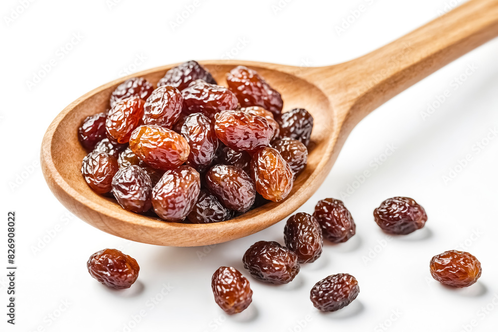 Raisins in a wooden spoon on a white background Raisins in a wooden spoon on a white background