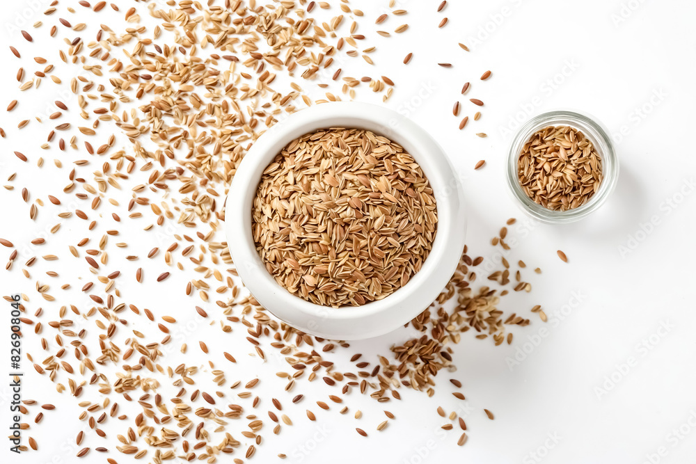 Brown Rice Grains in Bowl and Jar on White Background Brown Rice Grains in Bowl and Jar on White Background