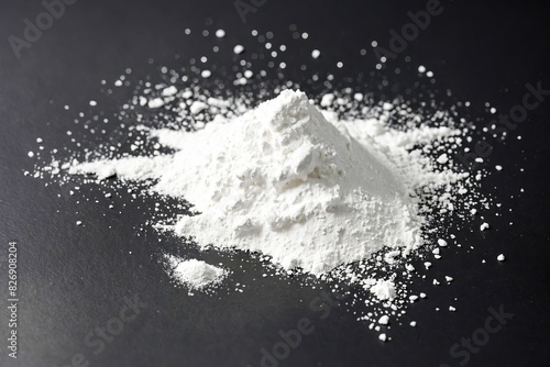 A pile of white powder sits on a black background. The powder is scattered around the pile, creating a textured look. The image is perfect for illustrating concepts of cleanliness, purity, or freshnes photo
