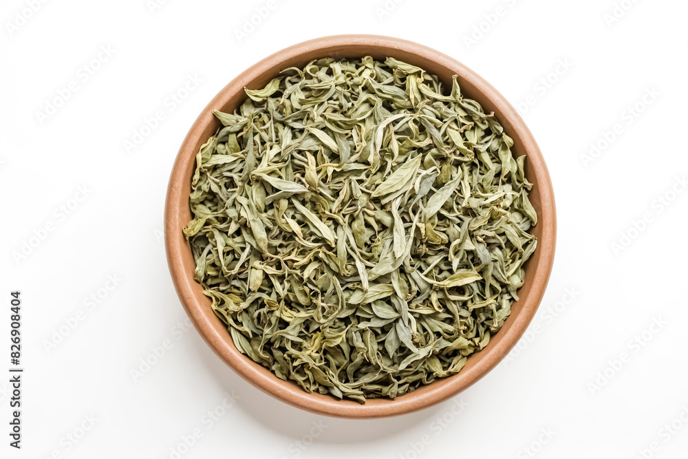 Dried Green Tea Leaves in a Brown Bowl