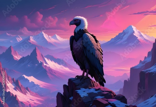 Cyberpunk andean condor perched atop a rocky outcr photo