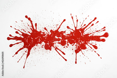 A close-up shot of red paint splattered on a white background. The paint is in the shape of a large, irregular blob, with many smaller droplets scattered around it. The image is perfect for adding a t