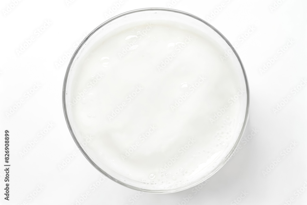 Top view of a glass of milk with some bubbles. The milk is white and opaque. Top view of a glass of milk with some bubbles. The milk is white and opaque.
