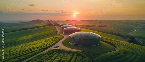 Aerial shot of a sustainable biogas plant nestled in green farmland