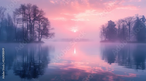 calm lakeside scene at dawn, where the water reflects soft fluffy hues of peach and lavender © ZEROTWO9696